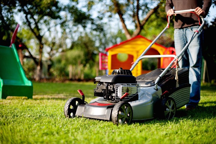 Mowing a back yard with a push mower