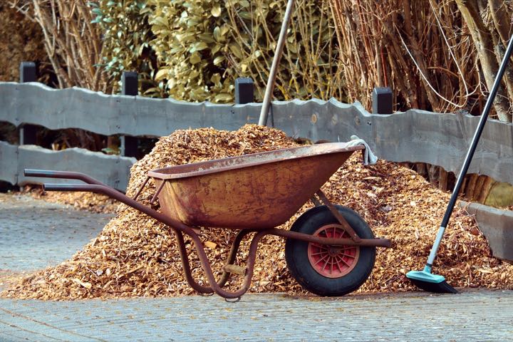 A wheelbarrow of fresh mulch next to a fence